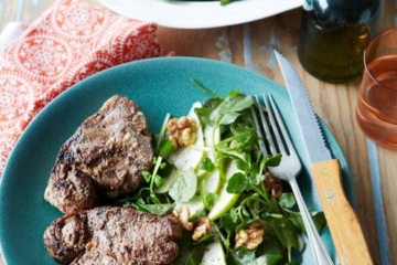 Spiced lamb loin chops with pear & walnut salad